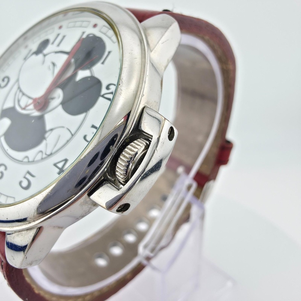 DISNEY 'American Cheese' Watch Mickey Mouse Red Leather‎ Silver Tone 44mm 8.5" - Picture 4 of 15